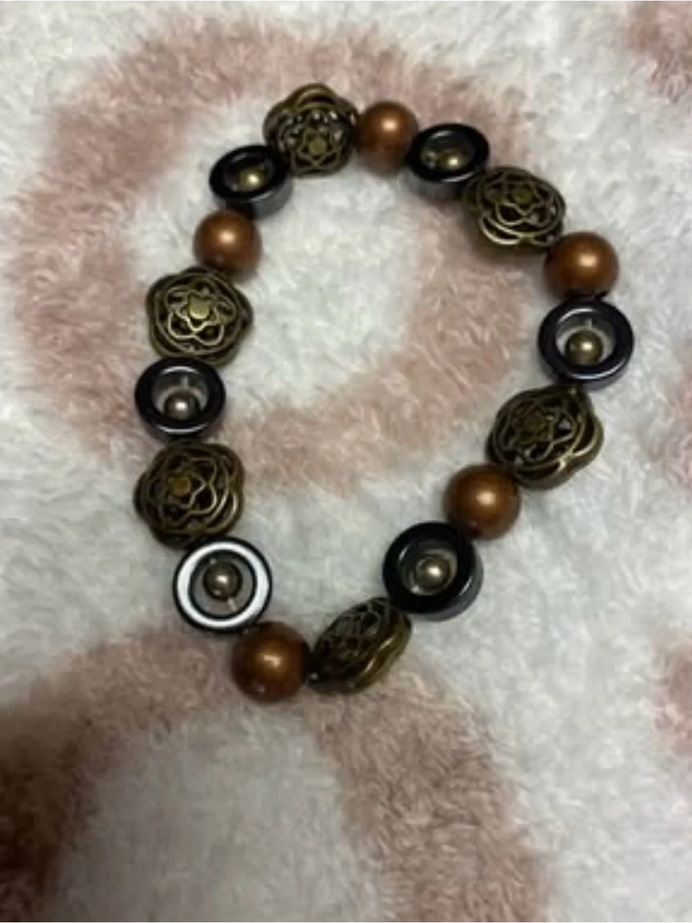 Antique Brass Flower Bead Stretch Bracelet - Brown/Gold